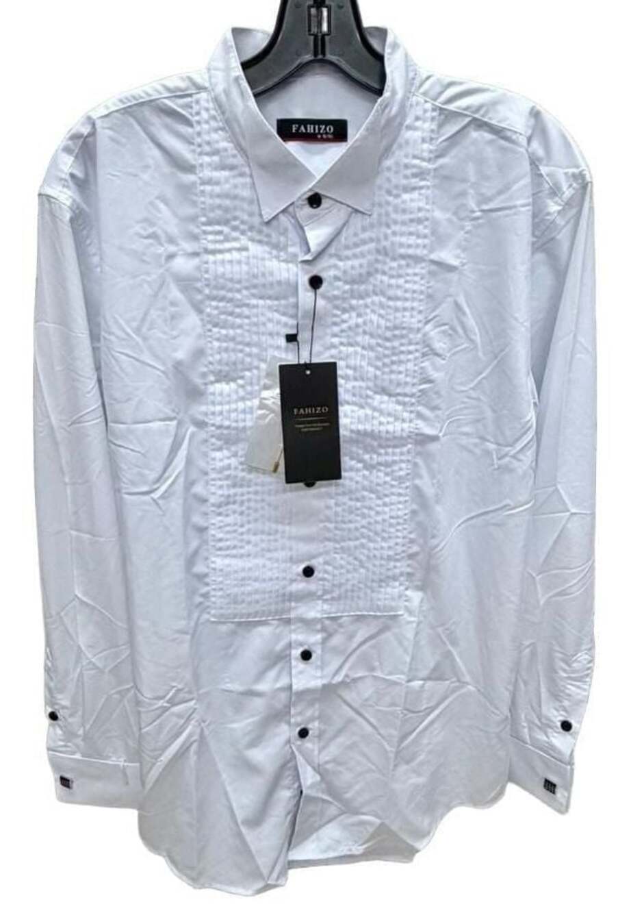 Fahizo Men's Long Sleeve White Tuxedo Dress Shirt w/ Pleated Bib & French Cuffs